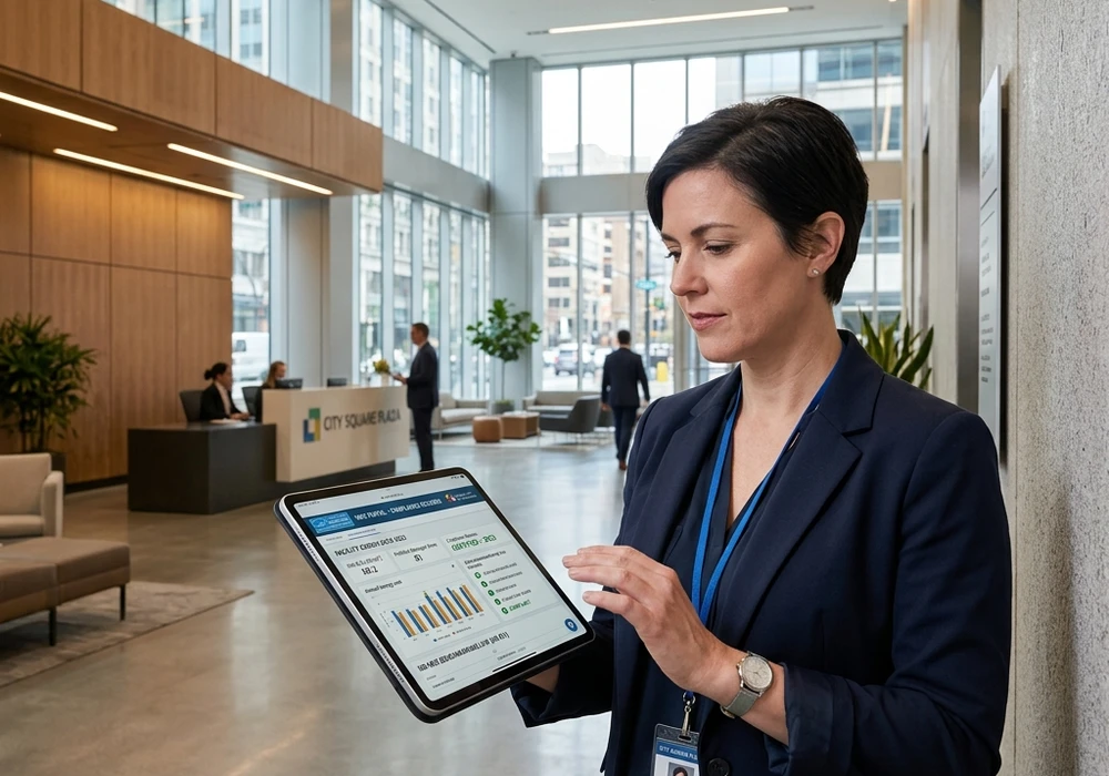 Commercial facility manager reviewing BEPS benchmarking records on tablet