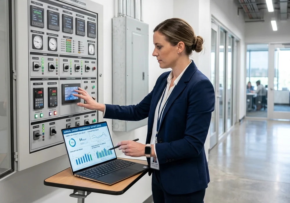 Property Manager Reviewing Building Energy Control Panel and Benchmarking Reports